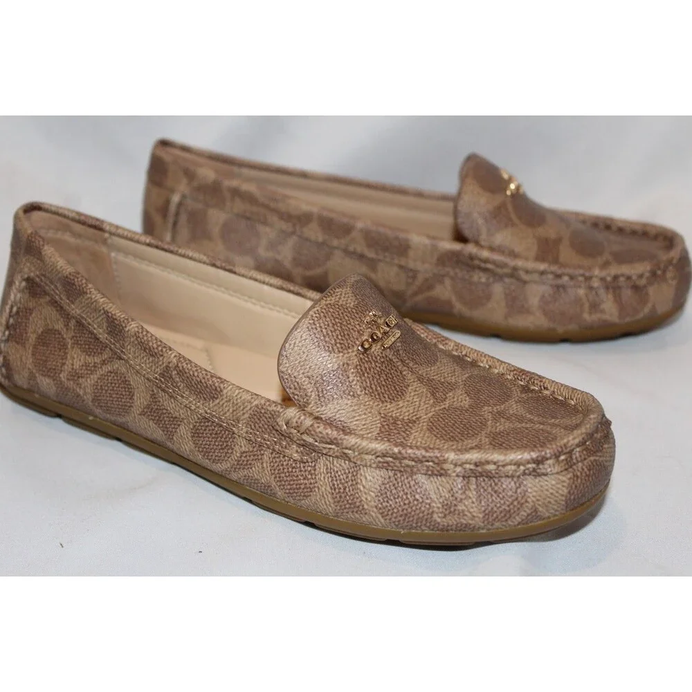 COACH MARLEY LOGO SLIP‎ ON DRIVER LOAFER MOCASSINS STONE BROWN NIB
